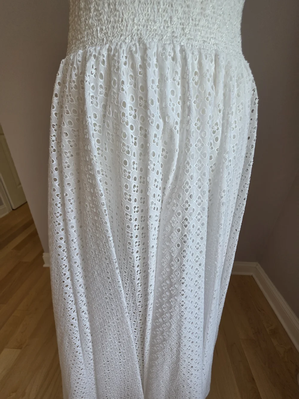 Tory Burch White Eyelet Smocked-Waist Midi Dress